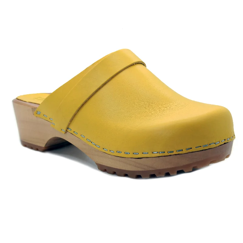 KLÄGN Tuva Wood Open Back Grip Mustard Veg Tan Leather Clogs