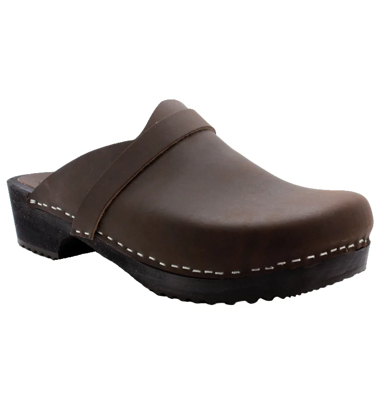 KLÄGN Men's Axel Leather Open Back Brown Wooden Clogs - FACTORY SECOND