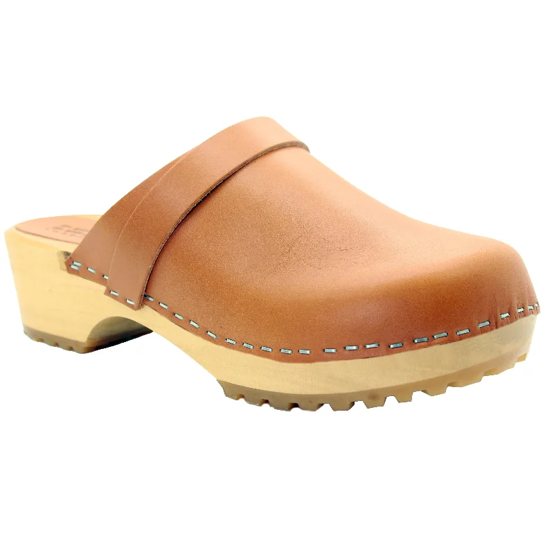 KLÄGN Tuva Wood Open Back Grip Caramel Veg Tan Leather Clogs