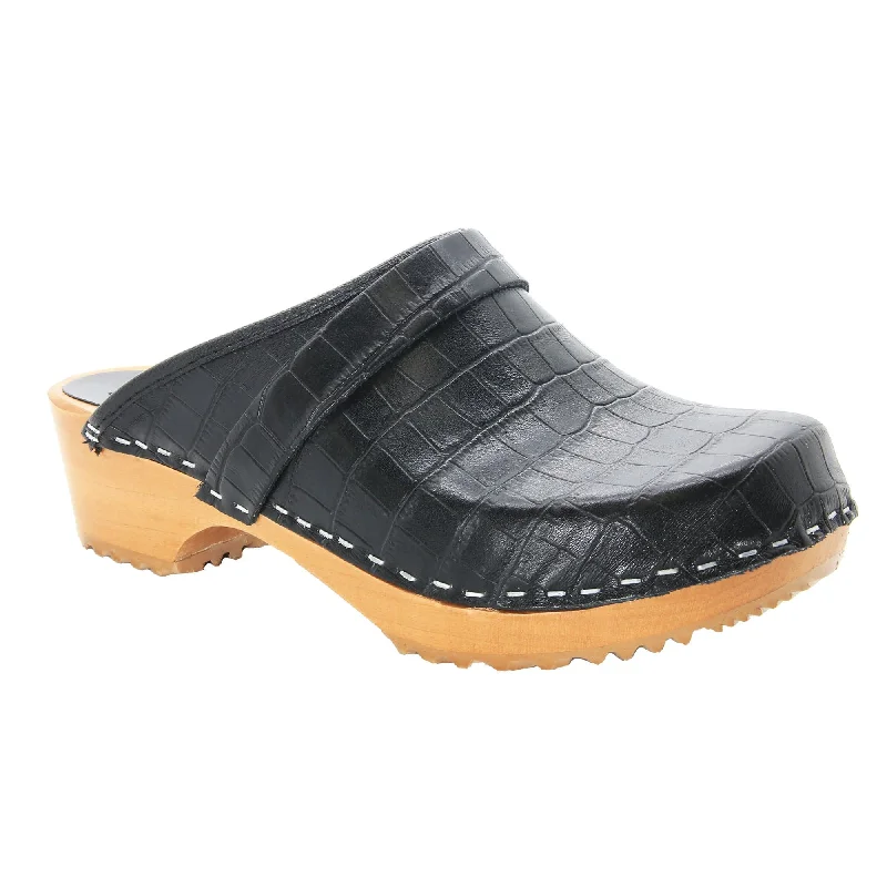 BJORK Maja Wood Open Back Black Croco Print Leather Clogs - CLOSEOUT