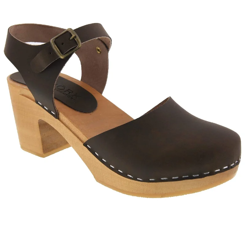 BJORK MARGARETA Swedish Wood Clog Sandals in Brown Oiled Leather - FACTORY SECOND