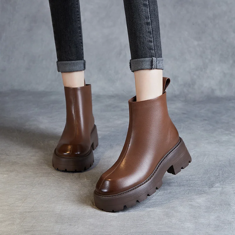 Women Minimalist Retro Leather Chunky Sole Boots