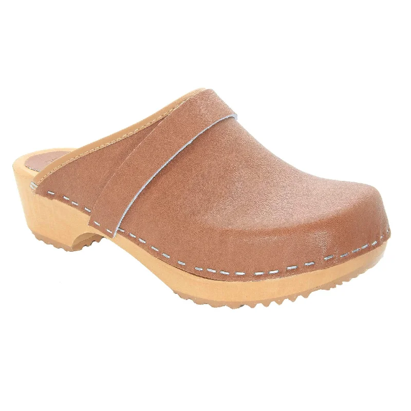 BJORK Maja Wood Open Back Brown Leather Clogs