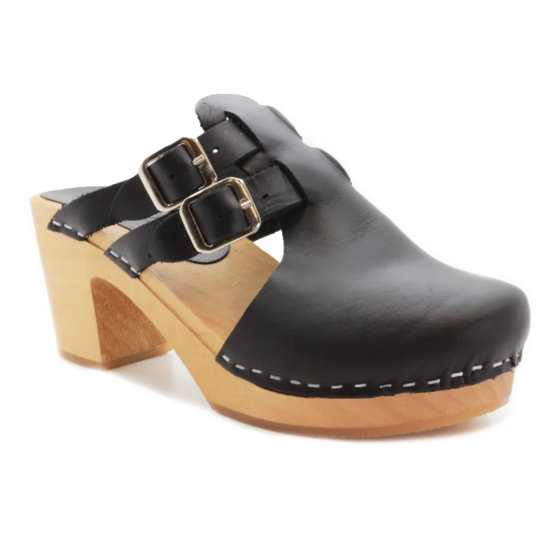 KLÄGN Brigetta Mid-heel Fashion Leather Wooden Clogs - FACTORY SECOND