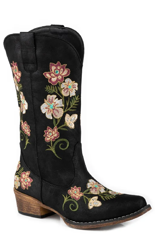 Roper Womens Riley Floral Black Faux Leather Cowboy Boots 9