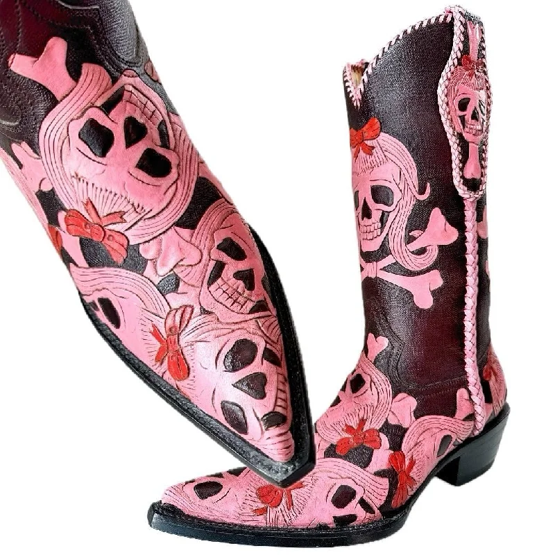 CRAZY HORSE Vintage Custom Handmade Tooled Skull Pink Cowboy Boots