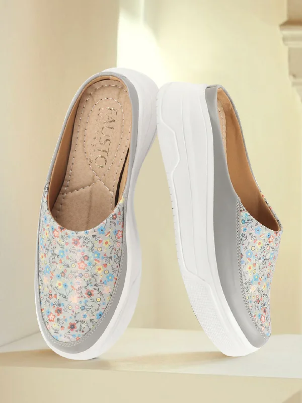 Women Grey Stiched Floral Print Back Open Height Enhancer Flatform Heel Slip On Casual Shoes