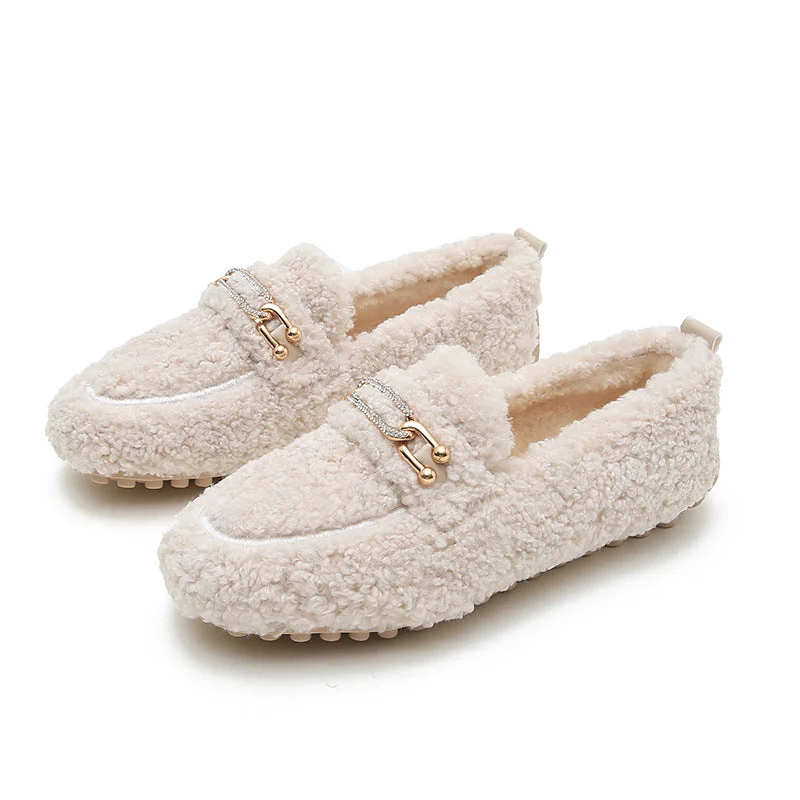 Women Faux-Fur Loafers Warm Winter Flat Metal Buckles Shoes