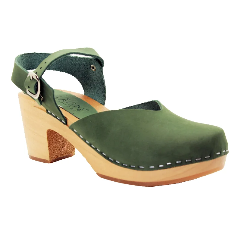 KLÄGN CLEO Swedish Wooden Clogs in Forest Green Nubuck - CLOSEOUT