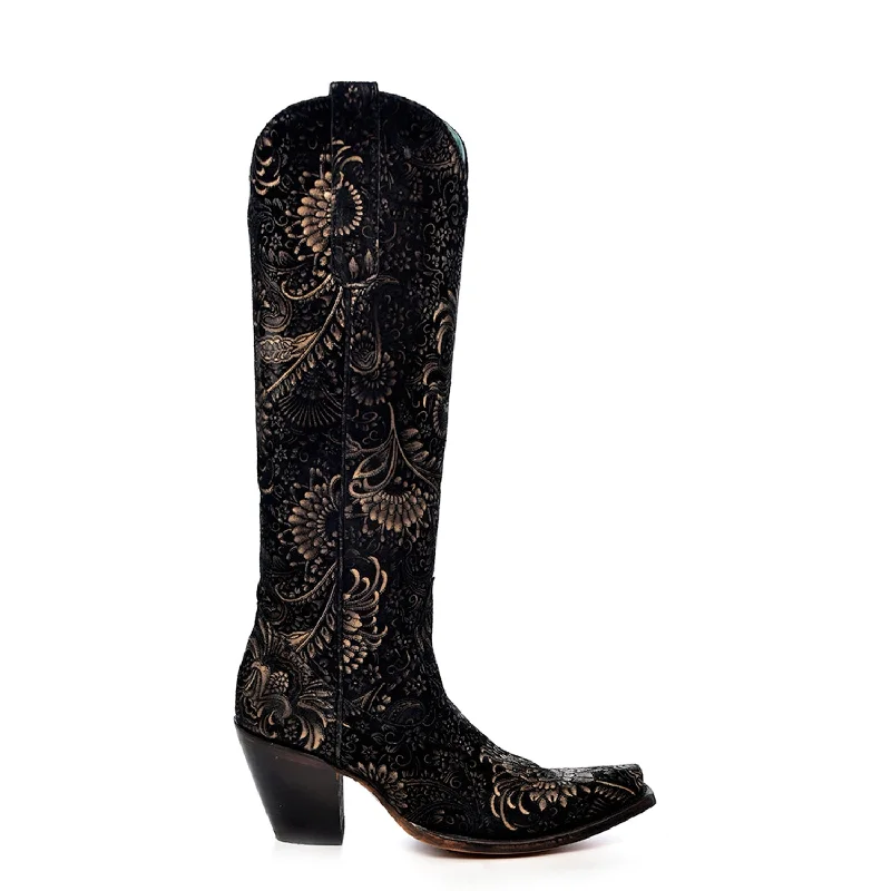 Corral Womens Gold Stamped Floral Snip Toe Black Cowhide 16in Cowboy Boots