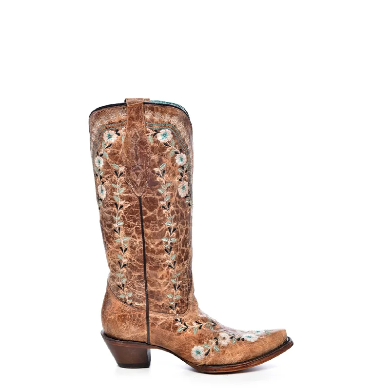 Corral Womens Glow in the Dark Floral Distress Cognac Leather 13in Cowboy Boots