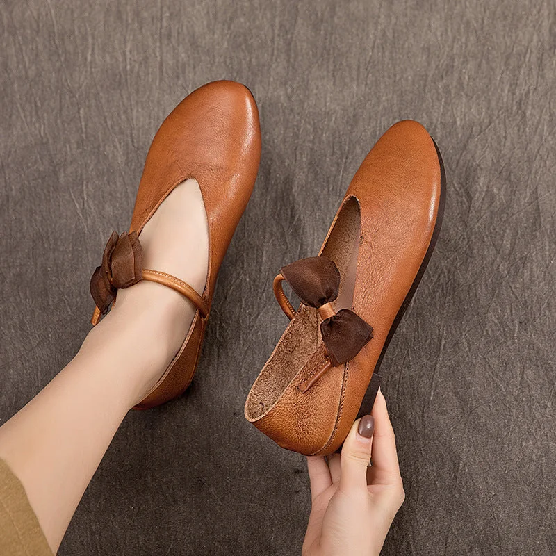 Womens Handmade Bow Comfort Pointed Toe Cowhide Leather Flats