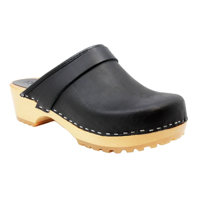 BJORK Tuva Wood Open Back Grip Black Natural Leather Clogs