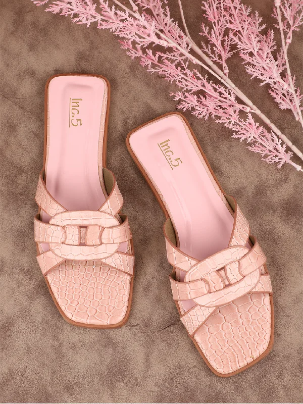 Women Peach Textured Strappy Open Toe Flats