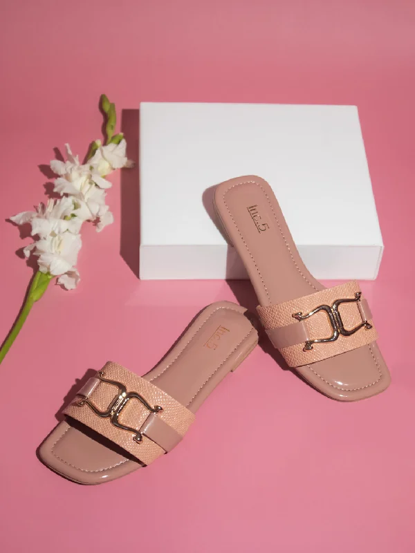 Women Peach-Coloured And Gold-Toned Buckled Open Toe Flats