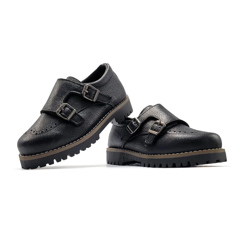 Blublonc Harper Black Grain Double Monk Velcro School Shoe