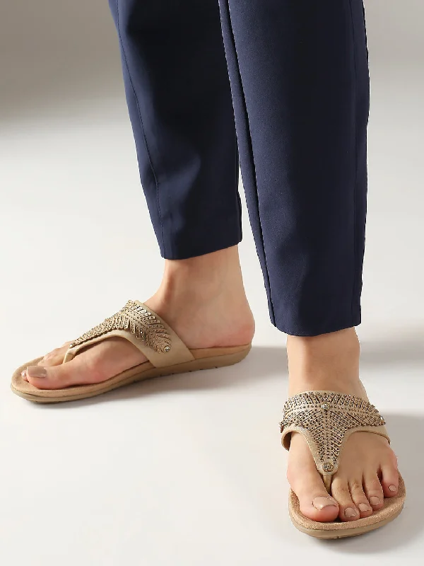 Women Beige And Gold-Toned Textured T-Strap Flats