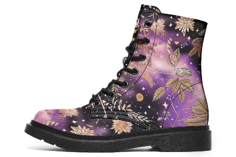 Galactic Bloom Boots - Vegan Leather Doc-Style Boots with Durable Stitched on Soles