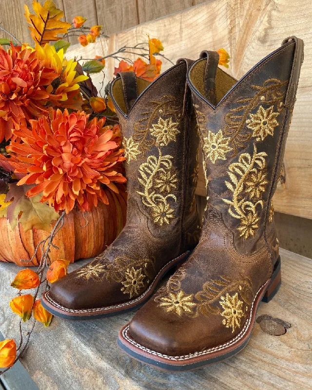 Laredo Women's Secret Garden Brown Embroidered Flower Cowgirl Boots 5822